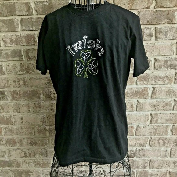 Quail Hollow Irish Tee top Medium Black Shamrock Celtic Knot Crystal Acc… - Picture 4 of 6